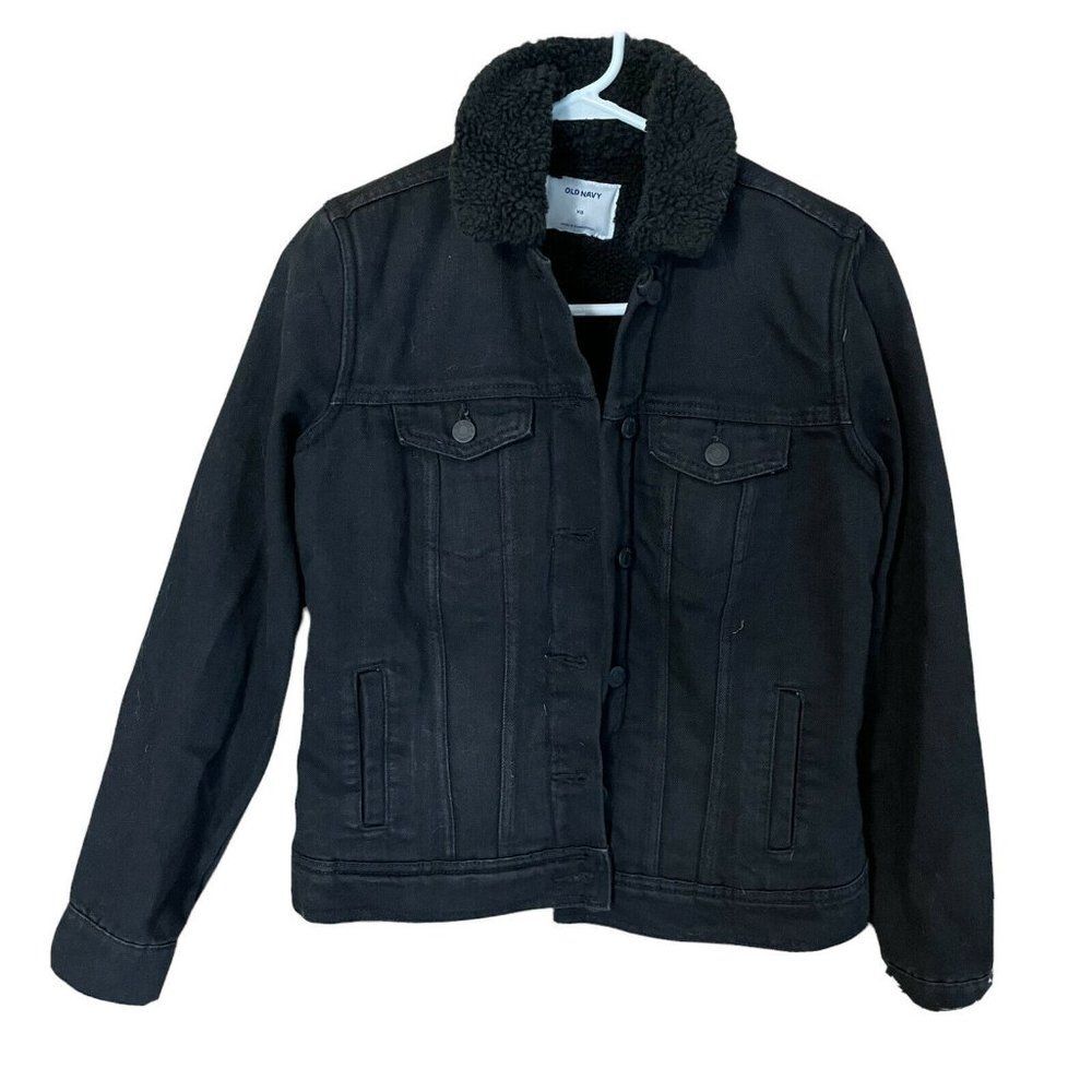 Old Navy  Women’s XS Jean Jacket Black Denim Button Up Sherpa Flap Pockets